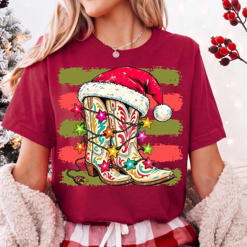 Julcowboystövlar PNG, western semester sublimering, jultomtehatt cowgirl jul PNG, festlig digital nedladdning bild 6