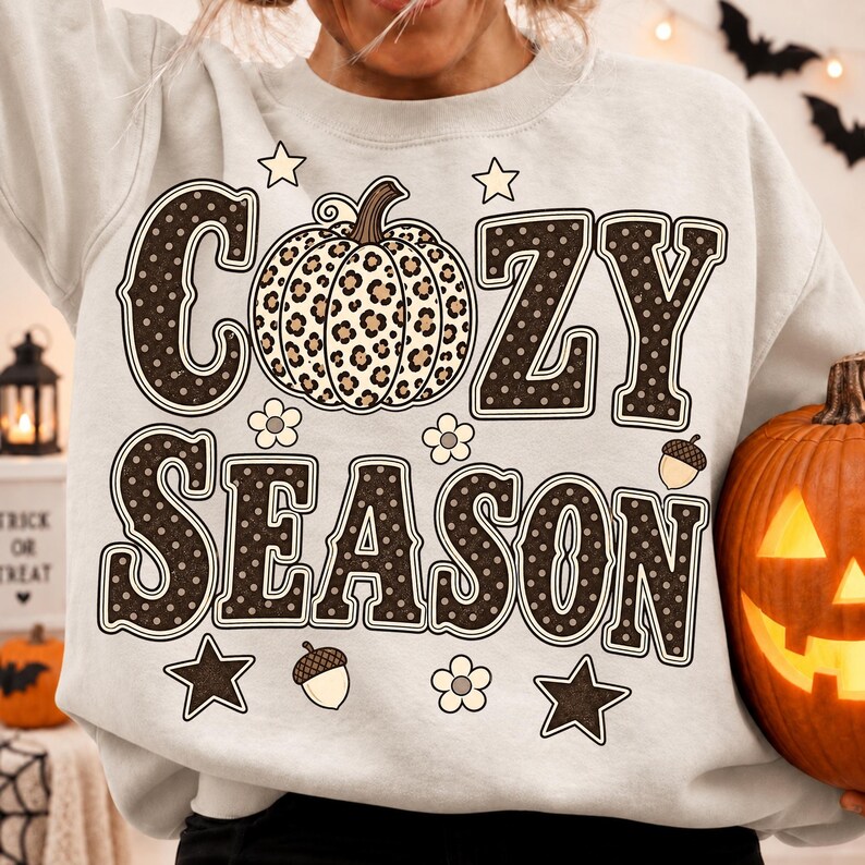 Image of Cozy Season PNG, Leopard Pumpkin Fall Sublimation, Retro Autumn Shirt Design, Cute Thanksgiving Digital Download
