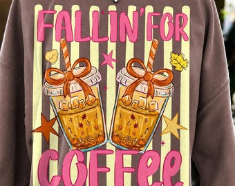 Pasiasty Fallin For Coffee PNG Jesienna mrożona kawa Sublimacja Koszulka z grafiką Dyniowego Miłośnika Jesiennej Kawy PNG Kokietka Kokarda