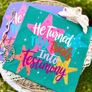 He Turned My Trials Into Testimony PNG, Retro Stripe Christian Quote Sublimation File, Trendy Jesus Shirt Design, Aesthetic Bible Clipart image 1