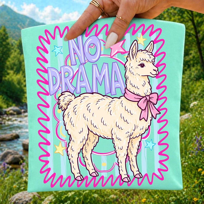 Cute llama digital design printed on a boutique t-shirt