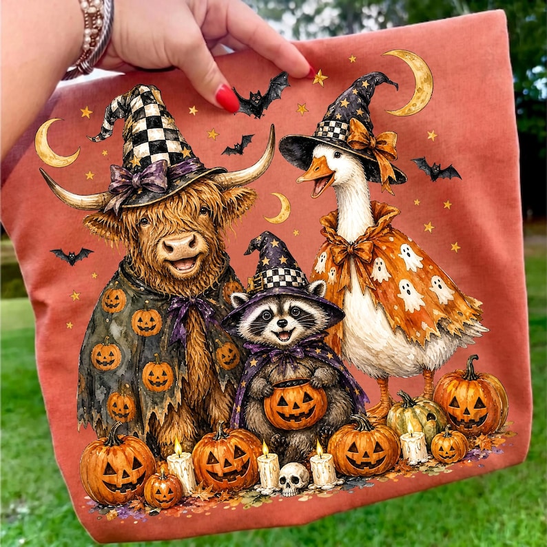 Image of Halloween Animals PNG, Witch Goose Raccoon Highland Cow PNG, Spooky Season Sublimation Design