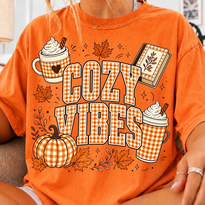 Gingham Pumpkin and Coffee Autumn Shirt Design Mockup