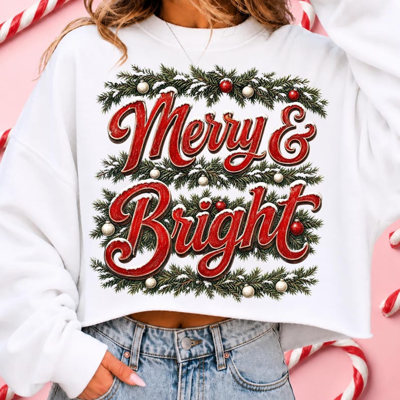 Image of Merry and Bright PNG, Vintage Christmas Evergreen Sublimation, Retro Holiday Ornament Shirt Design, Christmas Digital Download