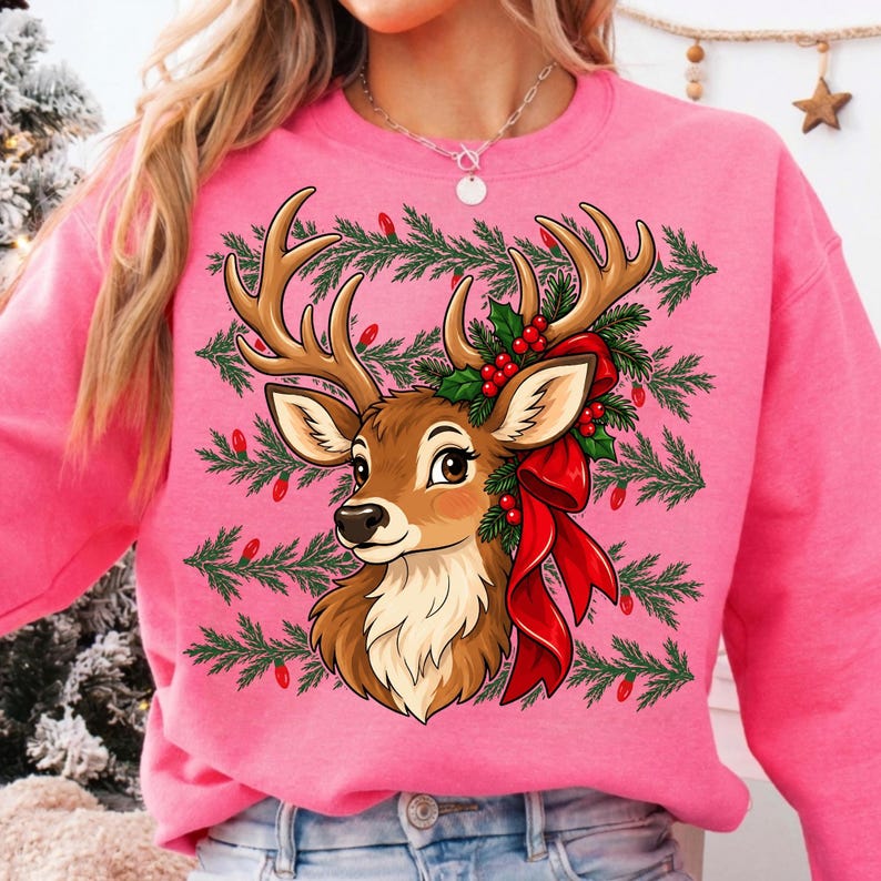 Image of Reindeer Christmas PNG, Vintage Woodland Reindeer Sublimation, Hand Painted Christmas Deer Shirt Design, Xmas Digital Download