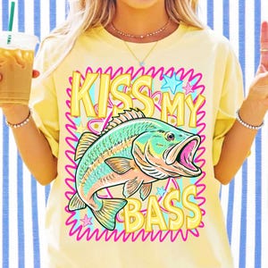 Preppy Kiss My Bass Fish PNG Trendy Summer Beach Fishing Design Colorful Pink Summer Vibes Lake Life PNG Sublimation Graphic image 3