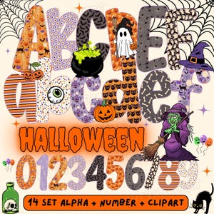 Spooky Halloween Letters PNG Bundle with Bat Ghost Pumpkin Doodle Font Preppy Hand Drawn Alphabet Retro Coquette Spooky Season Clipart