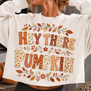 May include: A white long-sleeve sweatshirt featuring the text "HEY THERE PUMPKIN" in a patchwork-style font with various autumn-themed patterns including orange, brown, and cream colours, surrounded by illustrated fall leaves and small flowers.