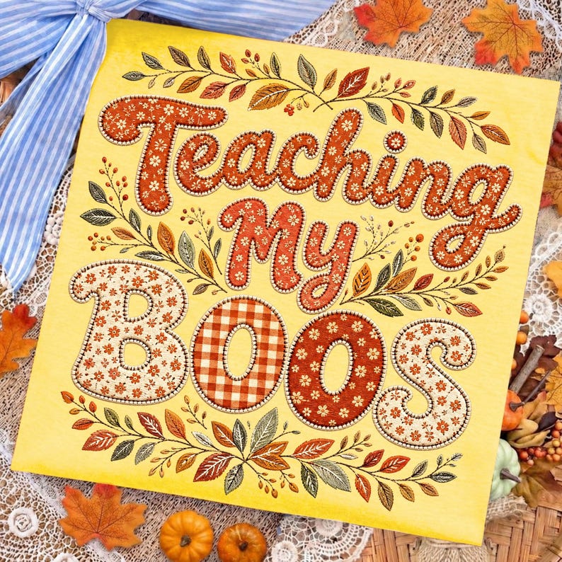Image of Teaching My Boos PNG, Fall Teacher Sublimation, Retro Floral Autumn Teacher Shirt Design, Halloween Classroom Digital Download