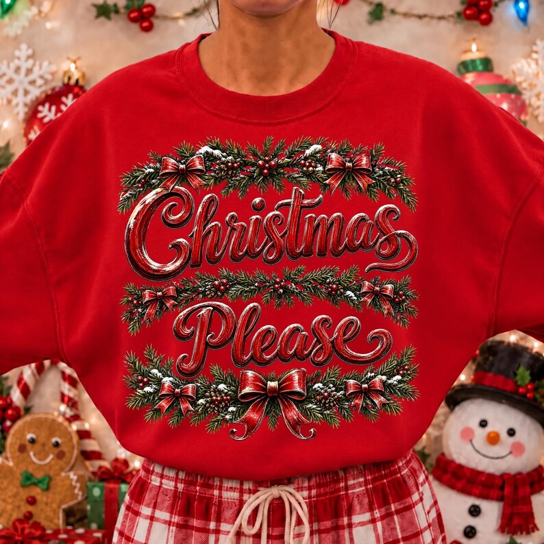 May include: A bright red crewneck sweatshirt featuring a graphic print of green pine branches, red berries, and red bows framing the text "Christmas Please" in a stylized red font. The design is centered on the front of the garment.