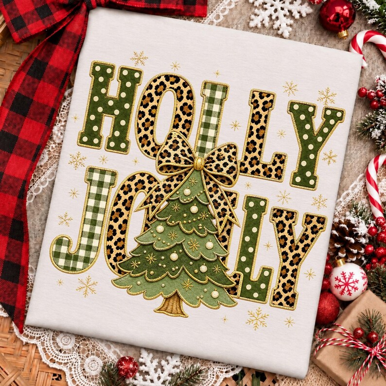 Mockup of a white tote bag and holiday mug featuring the Holly Jolly leopard tree design.