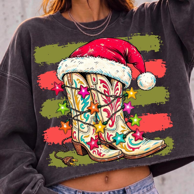 Julcowboystövlar PNG, western semester sublimering, jultomtehatt cowgirl jul PNG, festlig digital nedladdning bild 8