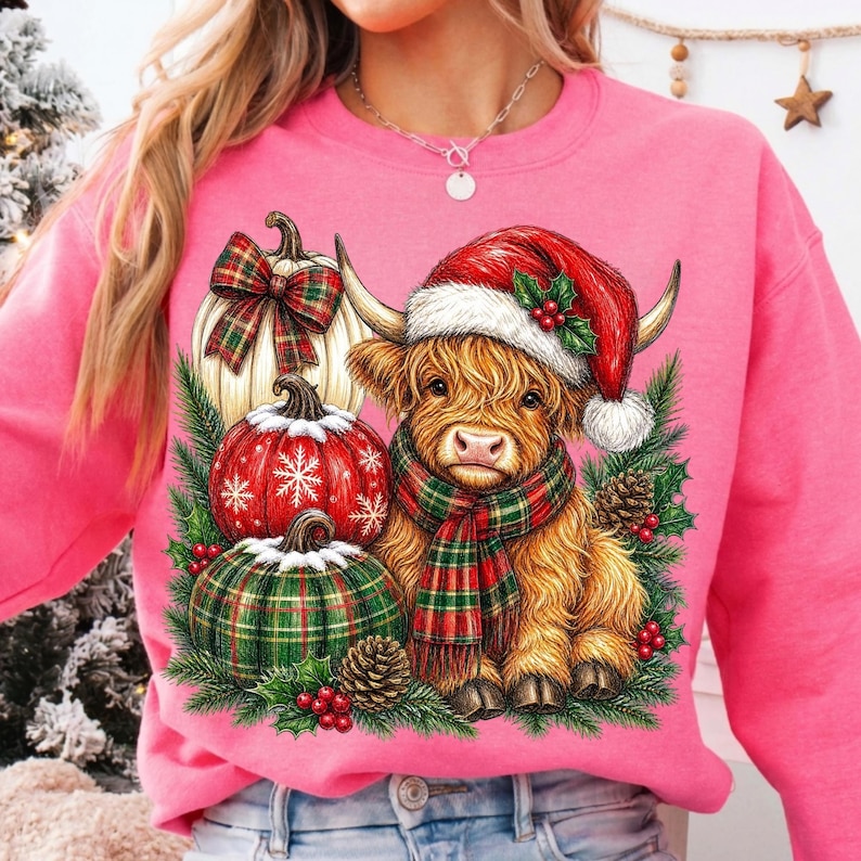 Image of Christmas Highland Cow PNG, Tartan Pumpkin Sublimation, Festive Cow Digital Download, Holiday Farmhouse PNG