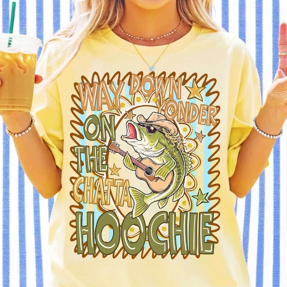 Striped Chattahoochee Fish PNG Bass Guitar Cartoon Country Music Shirt Design Retro 90s Country Fishing Graphic Summer Preppy Boy Digital