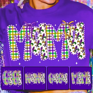 May include: Purple sweatshirt with the letters "Mardi Gras" in a decorative font. The letters are filled with a plaid pattern in green, yellow, and purple, and adorned with fleur-de-lis and bows. The design is surrounded by a scalloped edge.