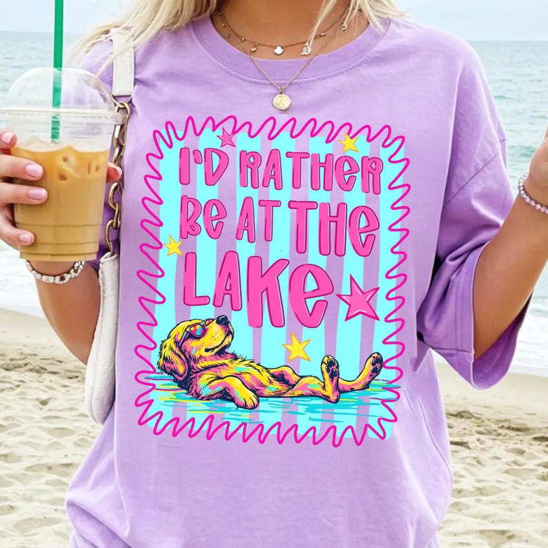 Mockup of a t-shirt featuring the Lake Dog design bundle in action.