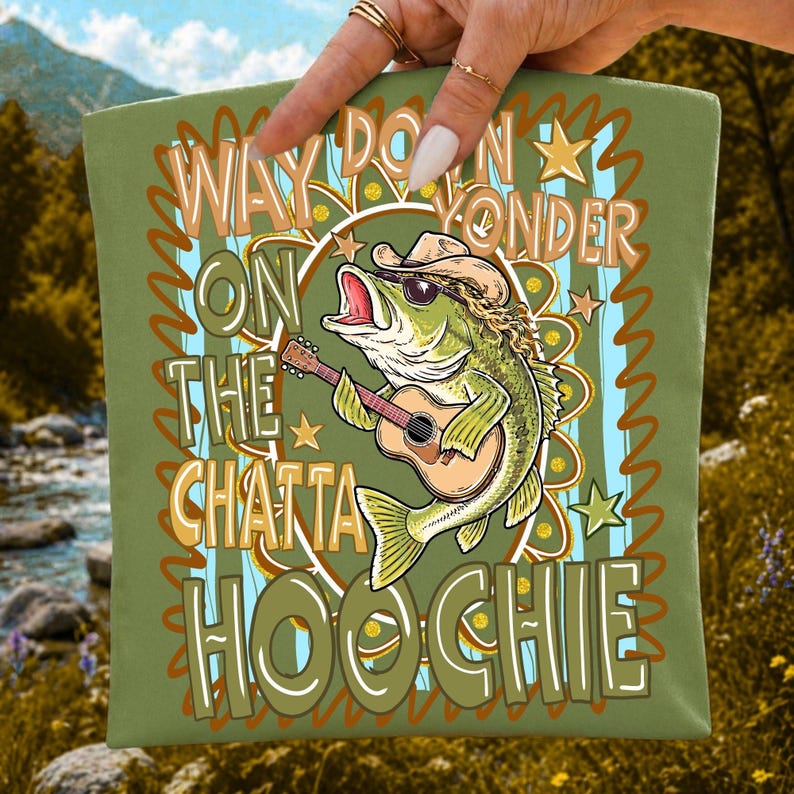 Examples of apparel and mugs created with the Striped Chattahoochee Fish PNG
