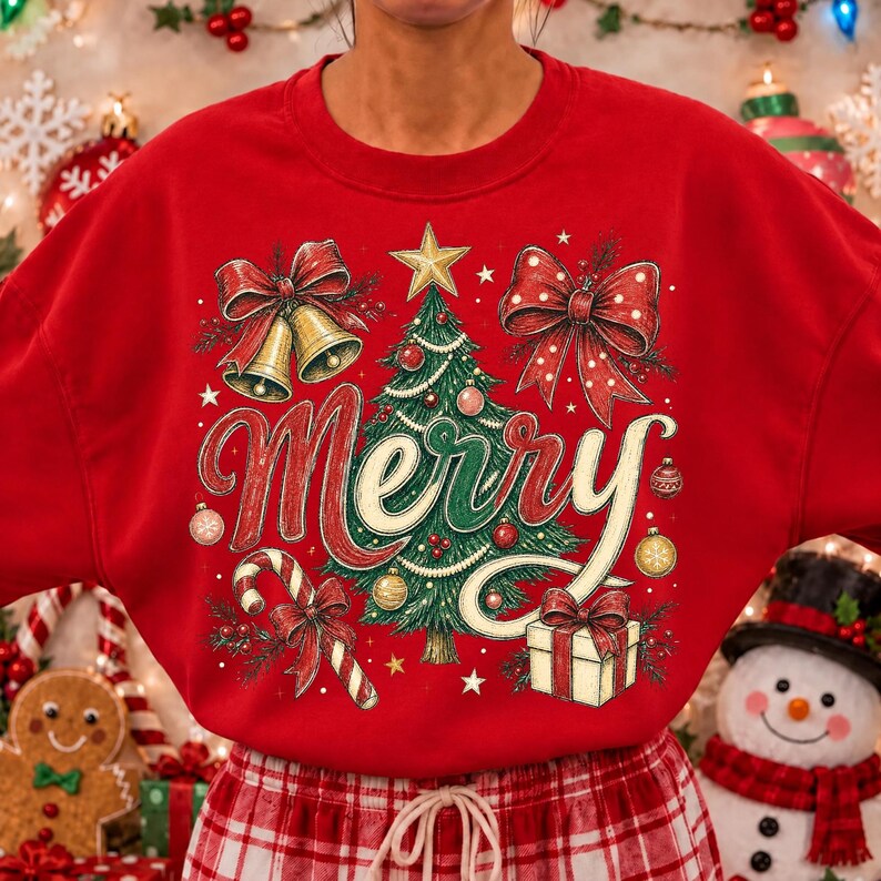 May include: A red crewneck sweatshirt featuring a graphic print of a green Christmas tree, the word Merry in cursive script, gold bells with red bows, a candy cane, a gift box, and red and gold ornaments scattered across the front chest area.