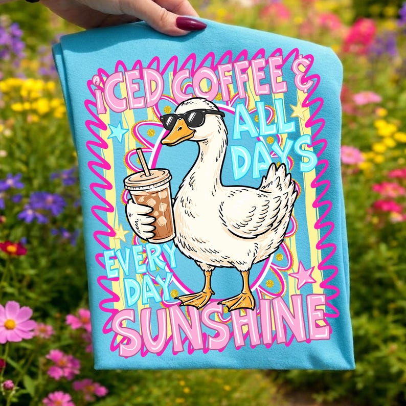 Example of a t-shirt design using the Goose Iced Coffee and Sunshine PNG Font Bundle