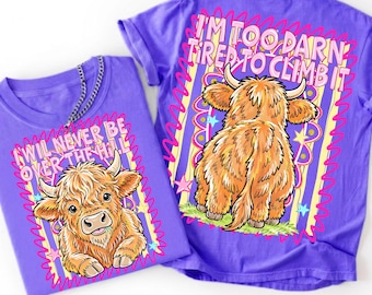 Highland Cow PNG Bundle Funny Cow Shirt Design Front and Back Matching I Will Never Be Over The Hill Girly Preppy Neon Sublimation Design