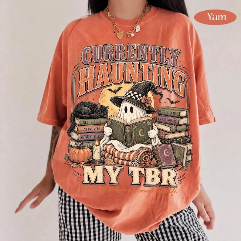 Image of Currently Haunting My TBR PNG, Bookish Halloween Ghost Sublimation, Spooky Reader Shirt Design, Book Lover Digital Download