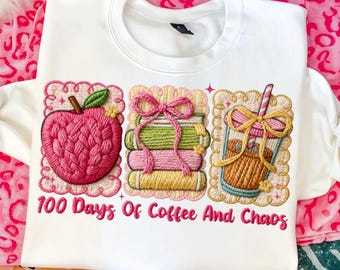 Latch Hook Faux Yarn 100 Days Of Coffee Chaos PNG, Crochet Teacher Sublimation, Preppy Coquette Bow Iced Coffee School Shirt