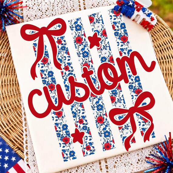 Custom 4th of July Name PNG Custom Patriotic Coquette Bow Sublimation Design Retro Striped USA Shirt PNG Personalized July 4 Text Clipart