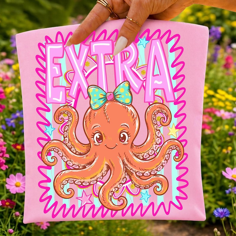 Sassy Octopus PNG design with preppy stripes, pink bow, and funny quote for sublimation