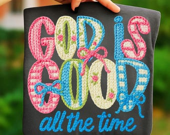 God is good Inspirational Latch Hook Yarn, Faux Yarn Christian Bible Verse PNG for Preppy Boho Sublimation Shirts & Faith-Based Designs