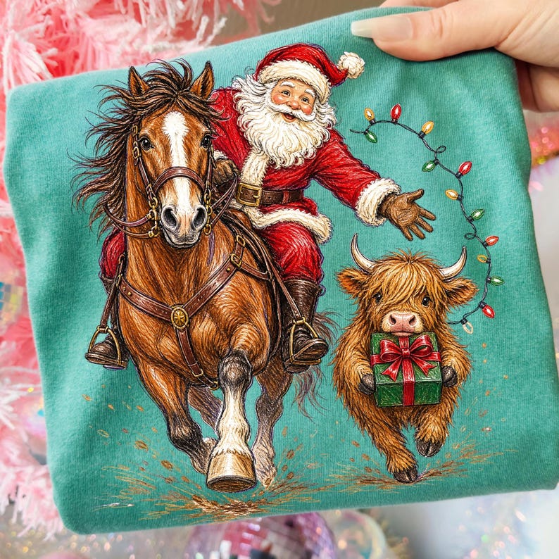 Puede incluir: Una camiseta color verde azulado con una ilustraci&oacute;n gr&aacute;fica de Santa Claus montando un caballo marr&oacute;n con una mancha blanca en la cara, acompa&ntilde;ado de una peque&ntilde;a y esponjosa vaca highland marr&oacute;n que lleva un regalo verde con lazo rojo.