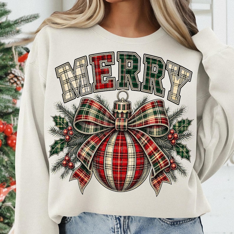 Image of Merry Christmas PNG, Plaid Christmas Ornament Sublimation, Retro Holiday Shirt Design, Digital Download