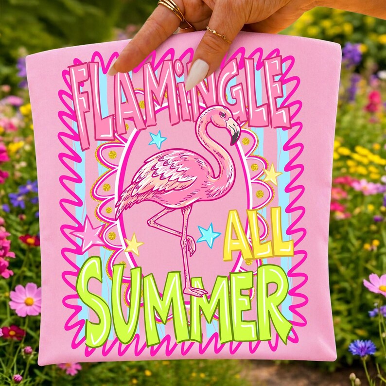 Image of Flamingle All Summer PNG Funny Flamingo Shirt Design Tropical Drink Beach Party Tee Summer Vacation Sublimation File DTF Clipart
