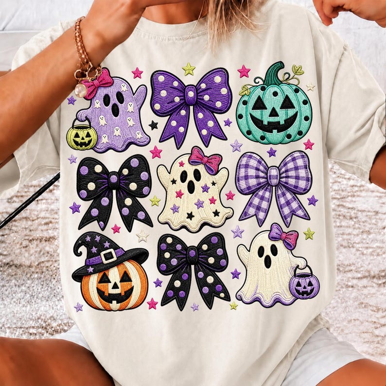 Cute preppy ghost with bow sublimation design for Halloween