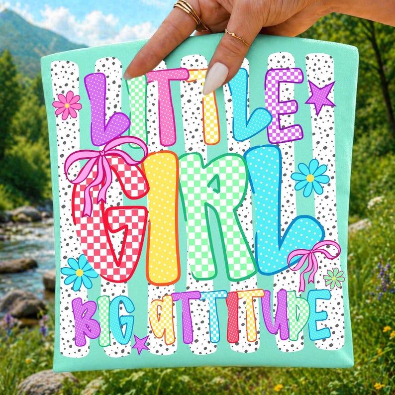 Image of Little Girl Big Attitude PNG Funny Kids Sublimation Design Colorful Sassy Girl Shirt Graphic Coquette Bow Toddler Boutique PNG