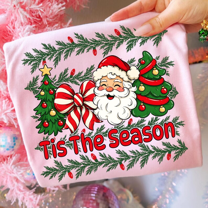 Holiday Shirt Design featuring Santa and Coquette Bows