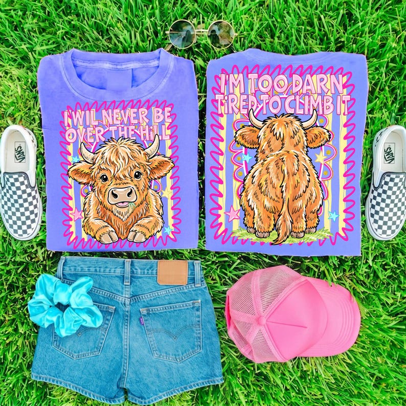 Highland Cow PNG Bundle Funny Cow Shirt Design Front and Back Matching I Will Never Be Over The Hill Girly Preppy Neon Sublimation Design image 9