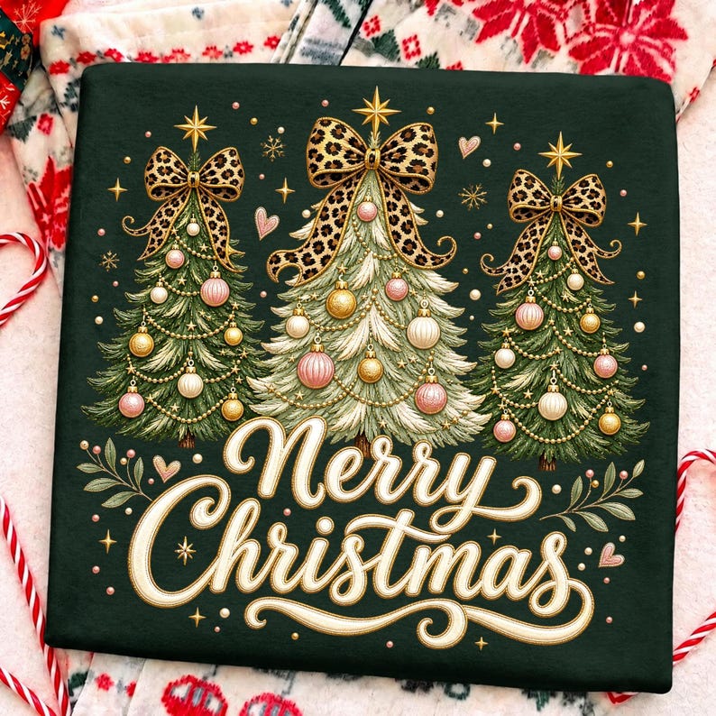 Peut inclure: Un t-shirt vert fonc&eacute; orn&eacute; de trois sapins de No&euml;l illustr&eacute;s avec des boules dor&eacute;es et roses, chacun surmont&eacute; d'un n&oelig;ud &agrave; motif l&eacute;opard. Le texte Merry Christmas est &eacute;crit en grandes lettres cursives couleur cr&egrave;me en bas.