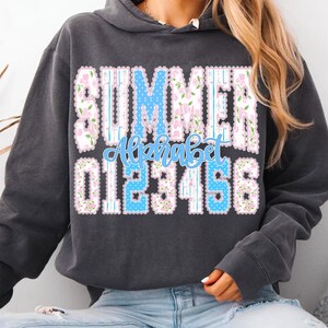 May include: Dark grey hoodie featuring the text "SUMMER Alphabet 0123456". The letters and numbers are light blue with a white floral pattern and a scalloped edge. The hoodie is a casual garment.
