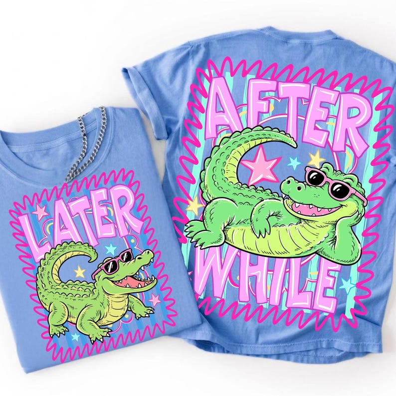 Mockup displaying the Cute Summer Crocodile DTF Graphic on various items like a mug, tote bag, and t-shirt, illustrating its versatility.