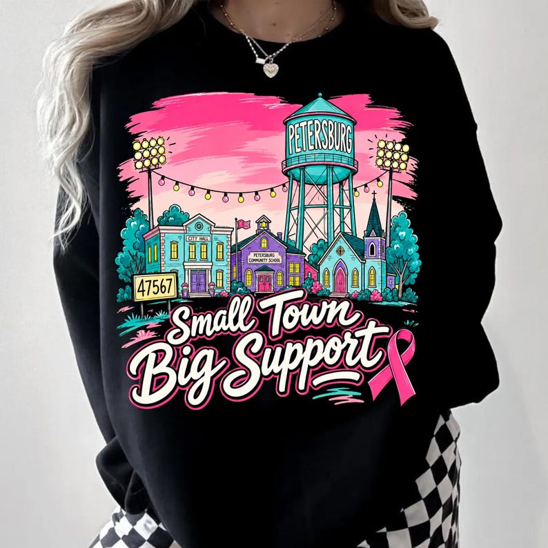 Image of Custom Small Town Big Support Shirt, Personalized Pink Out Breast Cancer Awareness Tee, Hometown Pink Ribbon Game Day Shirt