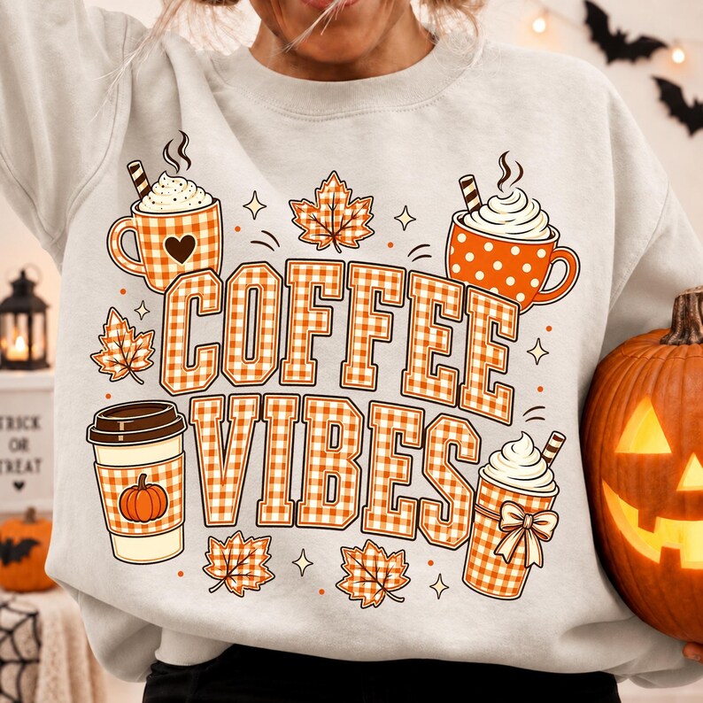 Cozy Autumn Coffee Vibes Sublimation Design on a T-shirt