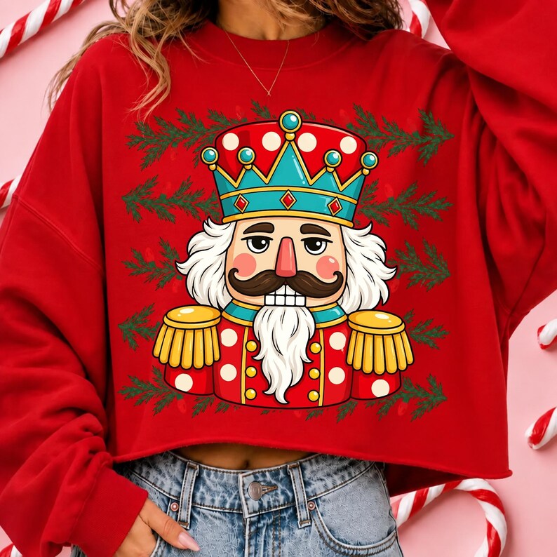 Puede incluir: Una sudadera roja de manga larga con un estampado gr&aacute;fico de un cascanueces con corona, bigote y barba blanca. El dise&ntilde;o est&aacute; rodeado por patrones de ramas de pino verdes. La sudadera tiene un dobladillo corto y cuello redondo.