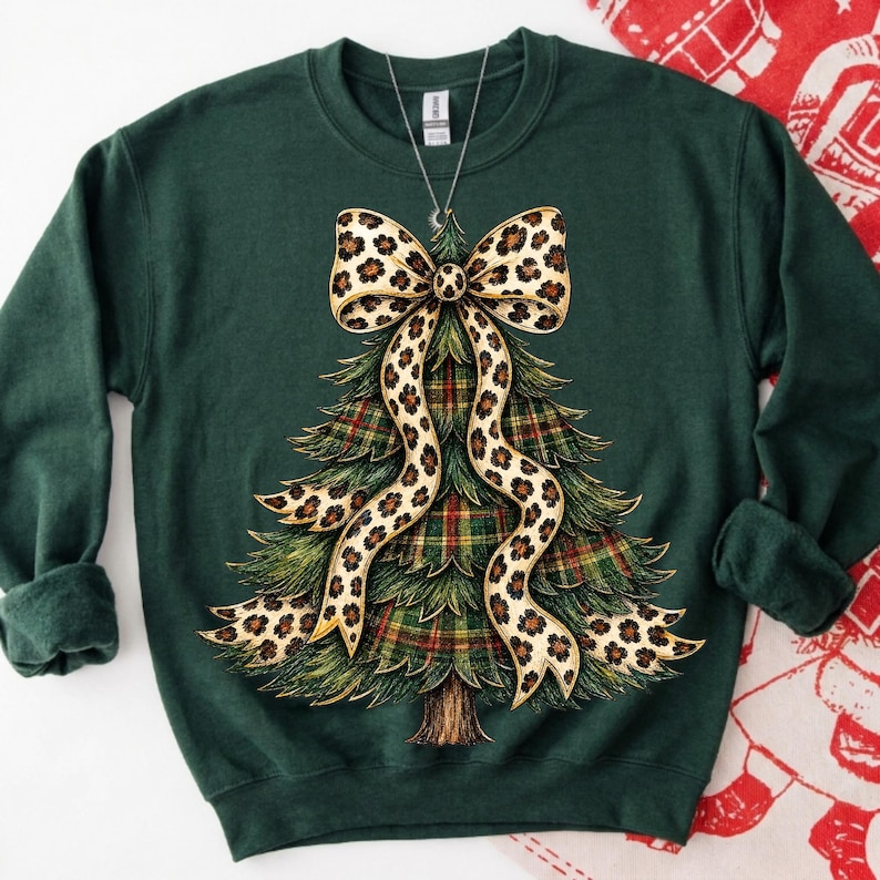 Image of Christmas Leopard Tree PNG, Plaid Xmas Tree Sublimation, Coquette Holiday Tree Digital Download