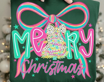 Coquette Christmas Tree PNG: Preppy Bow, Retro Dalmatian Dots, Glitter Brushstroke for Holiday Sublimation