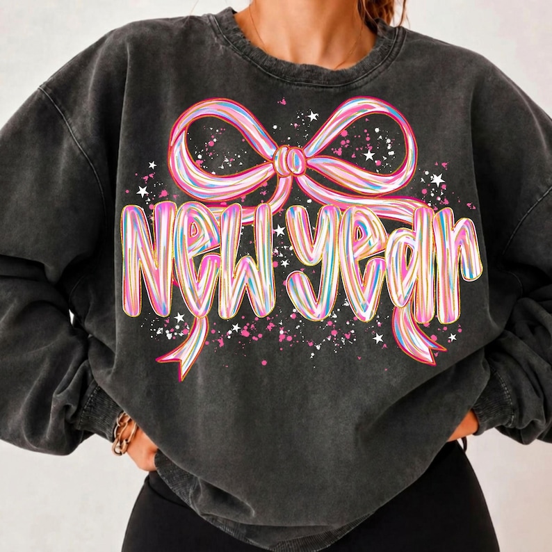 Image of New Year 2026 Splatter PNG, Coquette Bow New Year Design, Trendy NYE Sublimation, Happy New Year Eve 2026 Celebration PNG