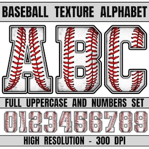 May include: A digital graphic set featuring the letters A, B, and C, along with numbers 0 through 9, all rendered with a white baseball leather texture and red stitching. The text BASEBALL TEXTURE ALPHABET and FULL UPPERCASE AND NUMBERS SET is included.