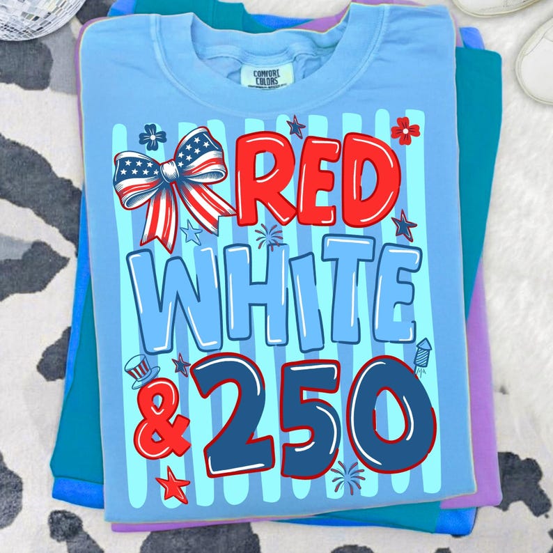 Image of Red White & 250 PNG America 250th Anniversary Doodle Design Coquette Bow Preppy Patriotic USA 4th of July Independence Day Sublimation File
