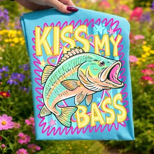 Preppy Kiss My Bass Fish PNG Trendy Summer Beach Fishing Design Colorful Pink Summer Vibes Lake Life PNG Sublimation Graphic image 4