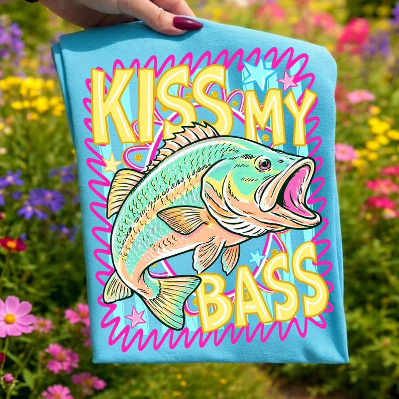 Preppy Kiss My Bass Fish PNG Trendy Summer Beach Fishing Design Colorful Pink Summer Vibes Lake Life PNG Sublimation Graphic image 4