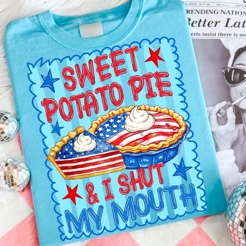 Close-up of the 'Sweet Potato Pie & I Shut My Mouth' preppy hand-drawn lettering in red, white, and blue, showcasing the detailed design.